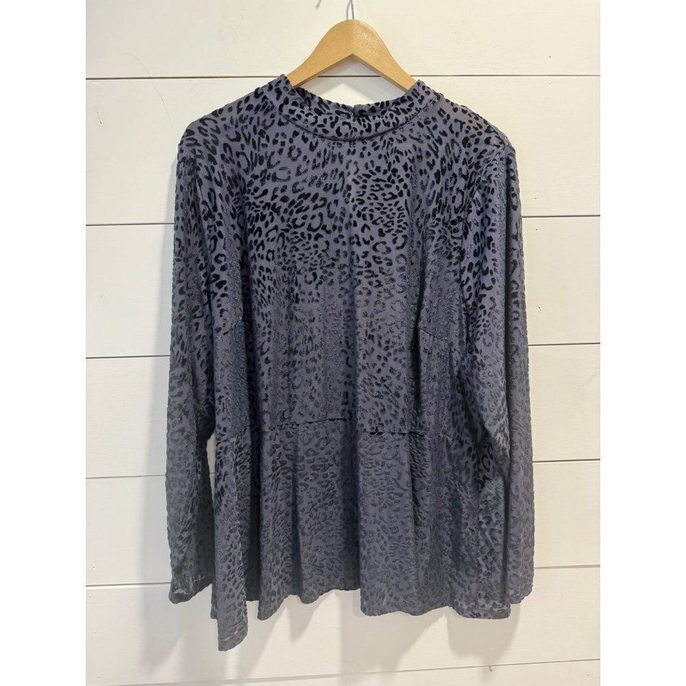 Lane Bryant Top Womens Plus 26/28 Mock Neck Blue Animal Print Sheer Velvet Long